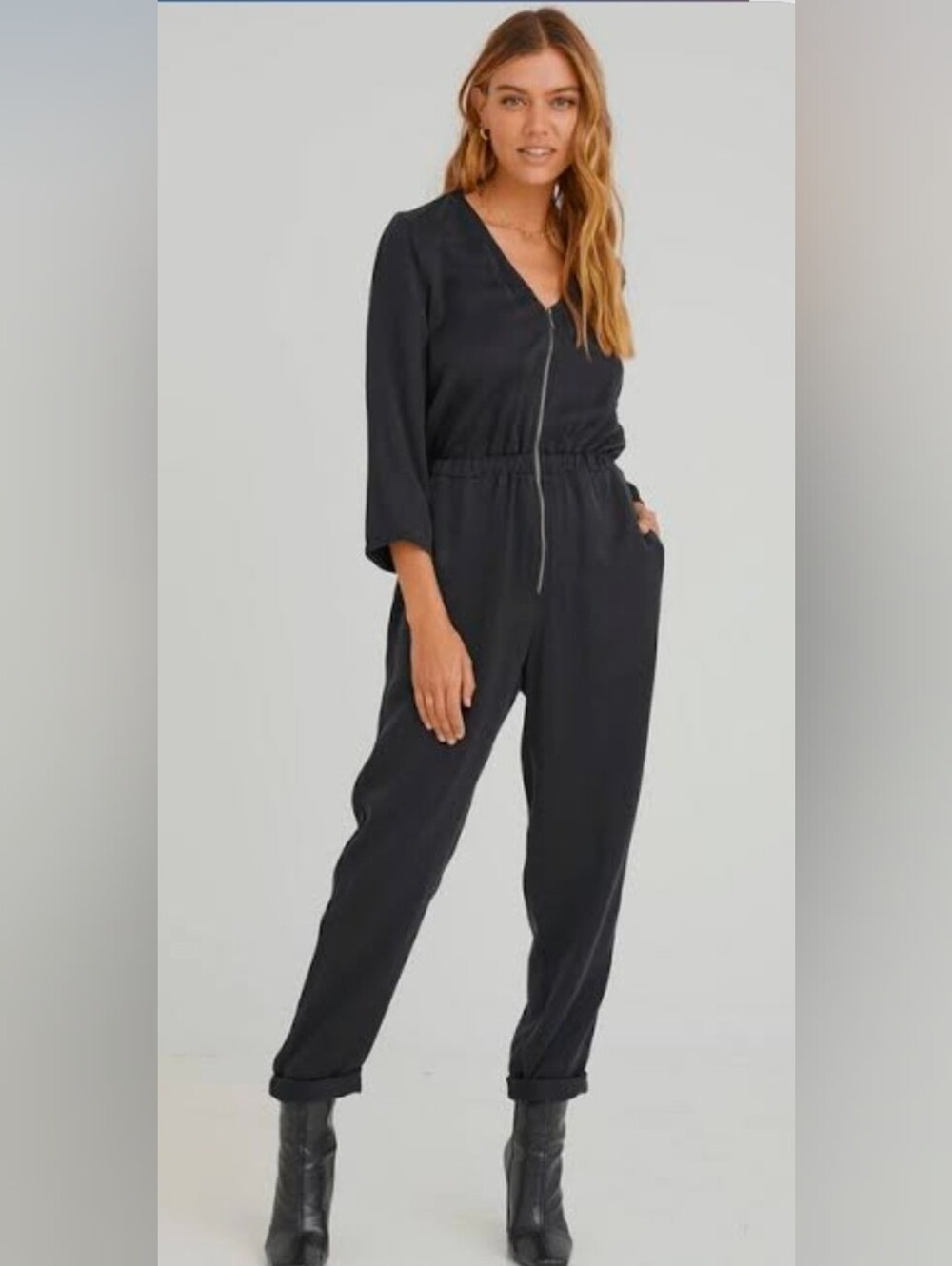 Bella Dahl Black V-Neck Zip-Front Jumpsuit Size Small